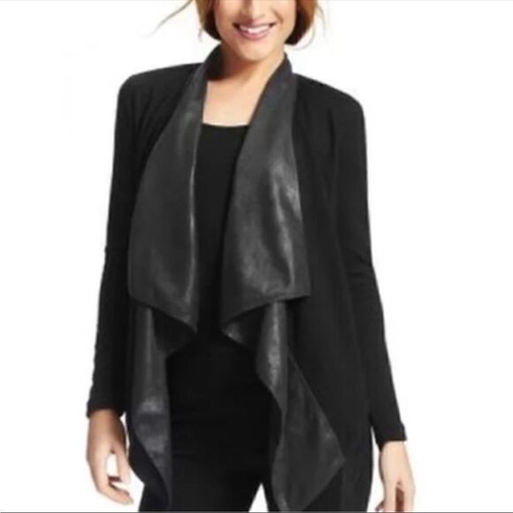 CABI Owens Faux Leather Waterfall Draped Open Front Black Jacket Size Medium - Picture 1 of 10